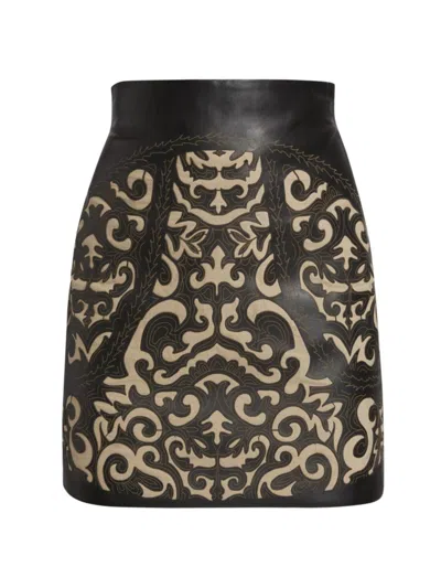 Shop L Agence Women's Amour Leather Miniskirt In Black Khaki Leather Lasercut