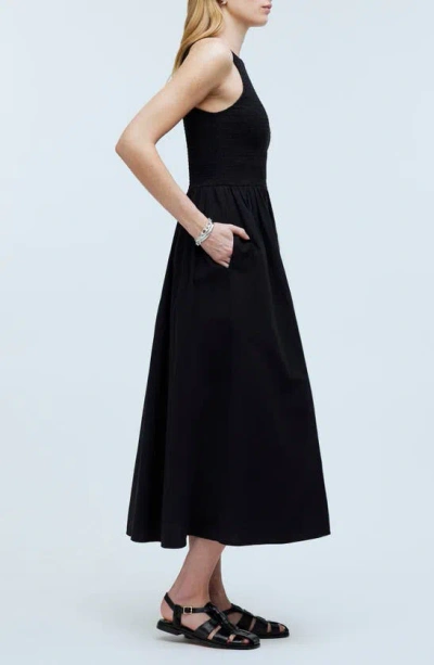 Shop Madewell The Melody Smocked Sleeveless Midi Dress In True Black