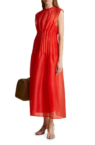 Shop Khaite Wes Pintuck Sleeveless Shantung Organza Dress In Fire Red