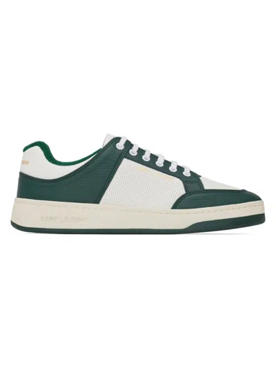 Shop Saint Laurent Men's Sl/61 Low-top Sneakers In Grained Leather In White Dark Green