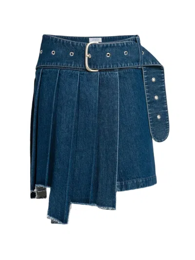 Shop Off-white Women's Belted Pleated Denim Skirt In Blue