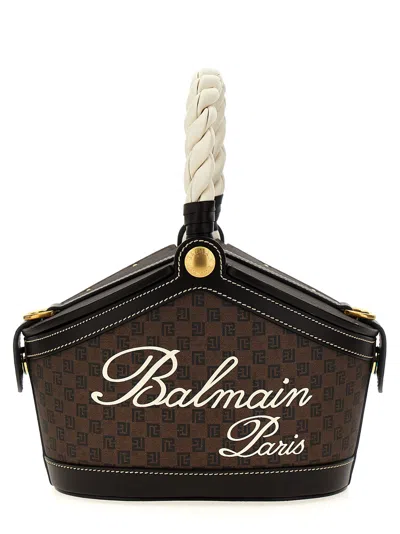 Shop Balmain Monogram Bucket Handbag In Brown