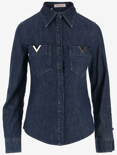 Shop Valentino Cotton Denim Shirt With Vlogo