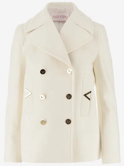 Shop Valentino Wool And Cashmere Coat With Vlogo In Ivory