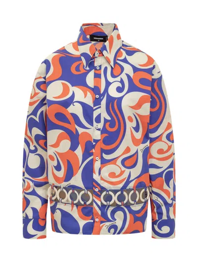 Dsquared2 Abstract Patterned Woodstock Shirt With Open Work Detail In Milk/red/blue