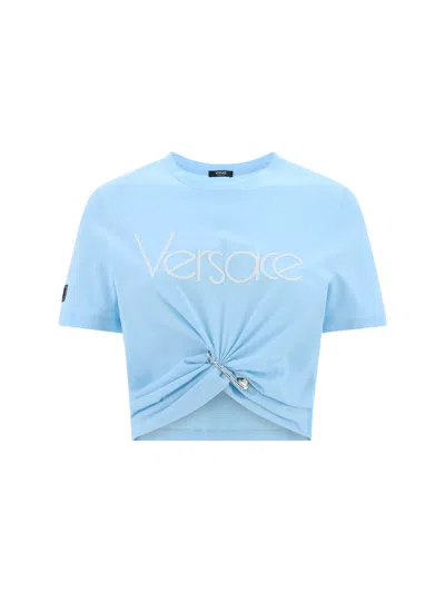 Shop Versace T-shirt In Pale Blue+bianco