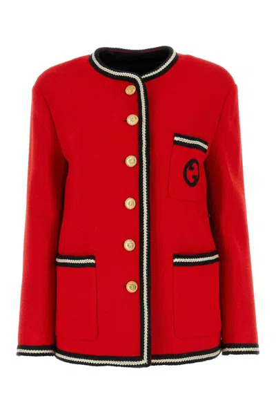 Shop Gucci Logo Embroidered Tweed Button-up Jacket In Strawberry Candy