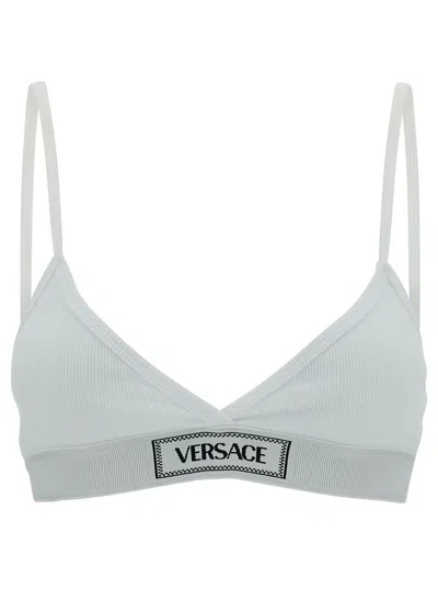 Shop Versace White Sports Bra With Logo Embroidery In Stretch Cotton Woman