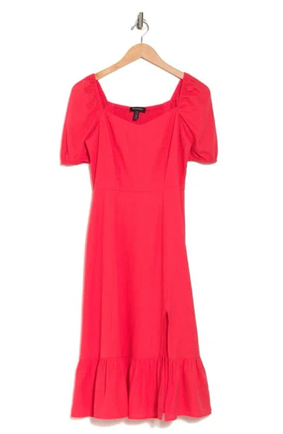Shop Ellen Tracy Puff Sleeve Linen Blend Midi Dress In Geranium