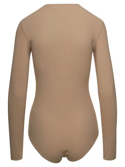 Shop Maison Margiela Beige Fitted Long Sleeves Bodysuit In Polyamide Blend Woman