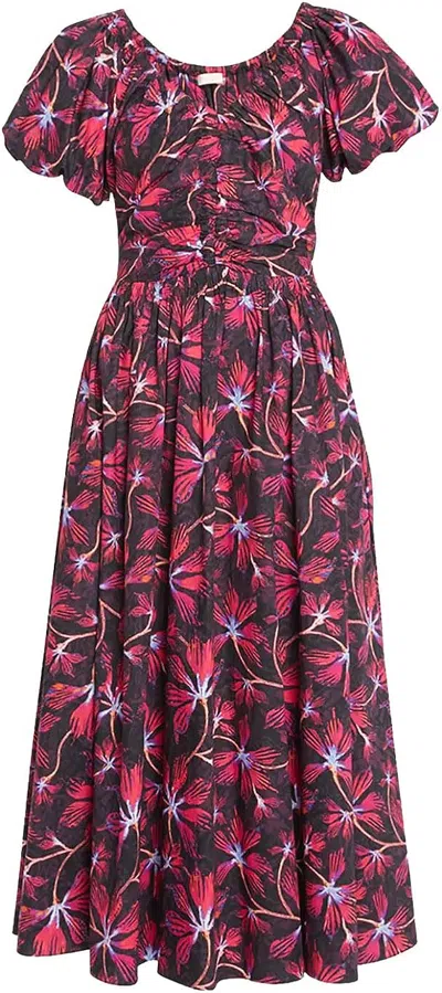 Shop Ulla Johnson Women Cecile Short Puff Sleeves Ruched Midi Dress Zinnia Red