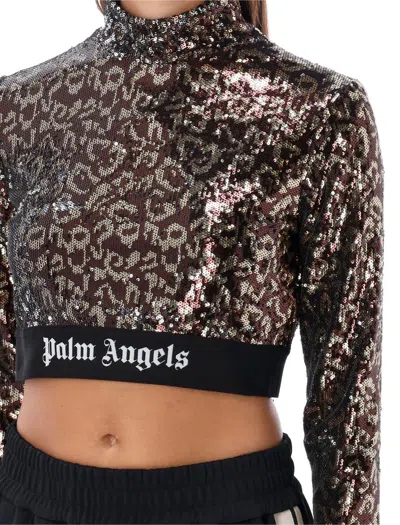 Shop Palm Angels Logo Tape Sequins L/s Top In Brown/black