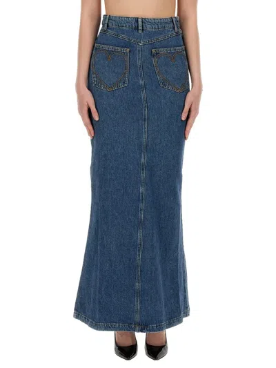 Shop Moschino Jeans Flared Denim Maxi Skirt In Blue