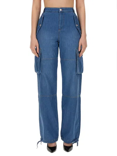 Shop Moschino Jeans Logo Patch Cargo Jeans In Blue