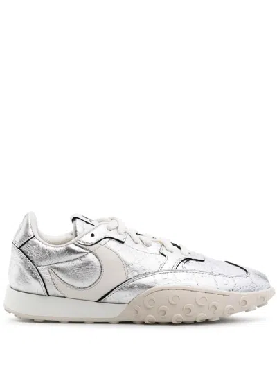 Shop Marine Serre Silver-tone Ms Rise Leather Sneakers