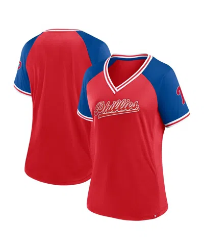 Shop Fanatics Women's  Red Philadelphia Phillies Glitz And Glam League Diva Raglan V-neck T-shirt