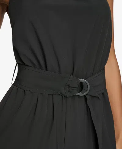 Shop Calvin Klein Women's Belter Halter-neck Straight-leg Jumpsuit In Black