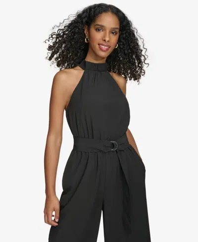 Shop Calvin Klein Women's Belter Halter-neck Straight-leg Jumpsuit In Black