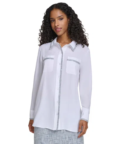 Shop Calvin Klein Women's Tweed-trim Button Down Shirt In Breeze Multi
