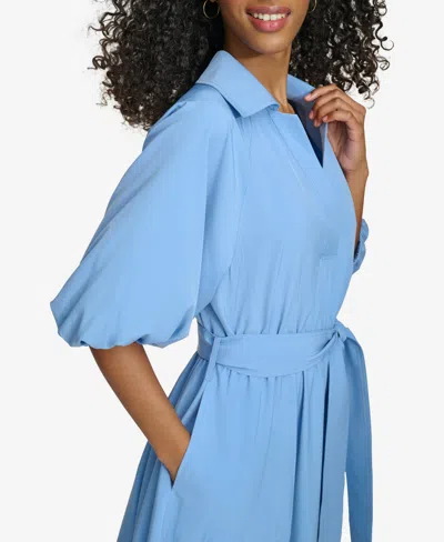 Shop Calvin Klein Women's Split-neck Puff-sleeve A-line Dress In Black