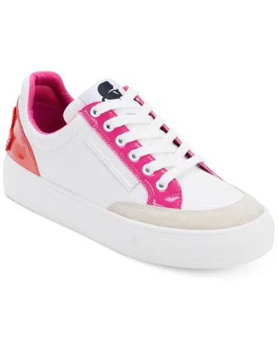 Shop Karl Lagerfeld Women's Calico Patch Embellished-heel Sneakers In Bright White,apricot