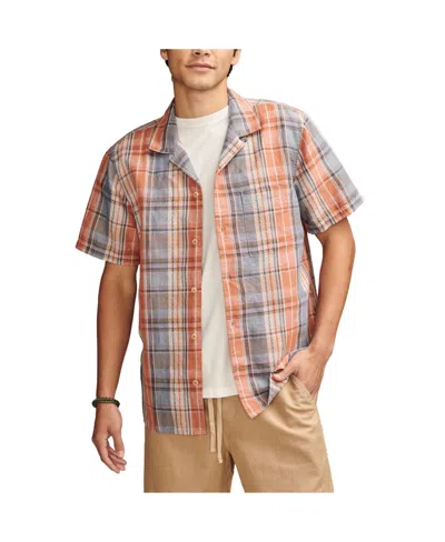 Shop Lucky Brand Men's Plaid Linen Camp Shirt In Orange Plaid