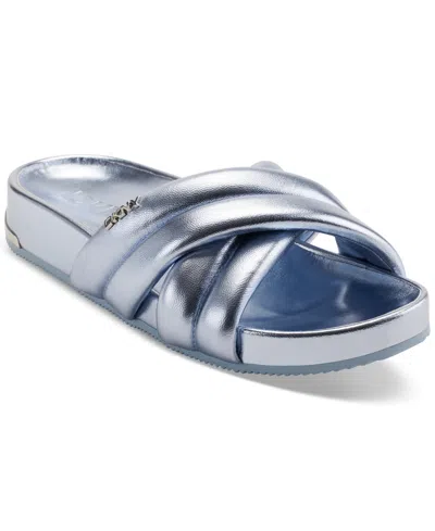 Shop Dkny Women's Indra Criss Cross Strap Foot Bed Slide Sandals, Created For Macy's In Celeste Blue