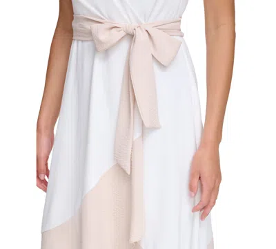 Shop Dkny Women's Sleeveless Collared V-neck Dress In Khaki,white