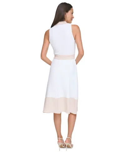 Shop Dkny Women's Sleeveless Collared V-neck Dress In Khaki,white