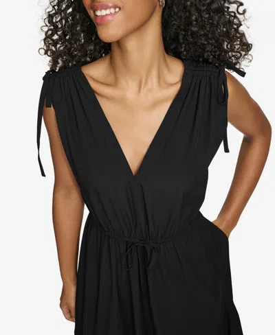 Shop Calvin Klein Women's Tie-shoulder Tiered Midi Dress In Black