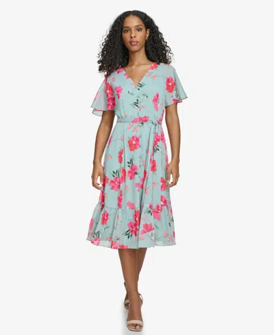 Shop Calvin Klein Women's Printed Flutter-sleeve Button-front Dress In Jadeite Multi