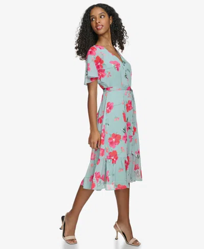 Shop Calvin Klein Women's Printed Flutter-sleeve Button-front Dress In Jadeite Multi