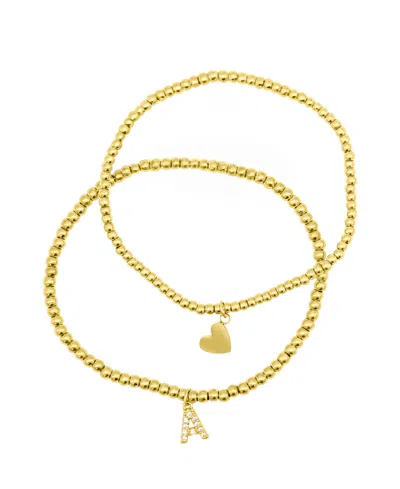 Shop Adornia 14k Gold-plated Stretch Bracelet Set With Mini Crystal Initial In Gold- A