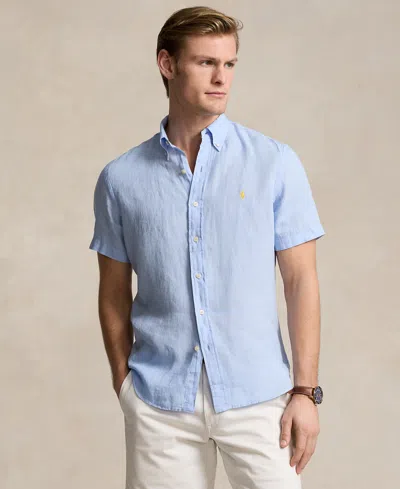 Shop Polo Ralph Lauren Men's Short-sleeve Linen Button-up In Blue Hyacinth