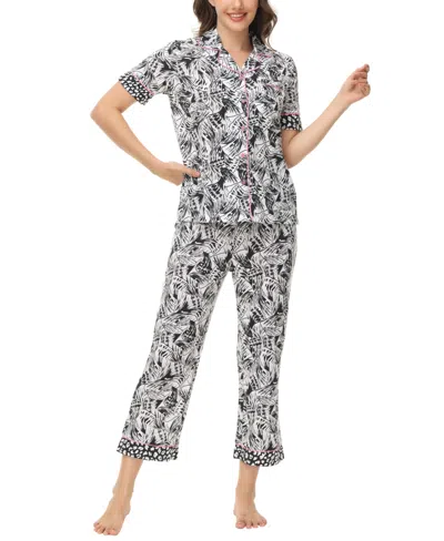 Shop C. Wonder Women's Printed Short Sleeve Notch Collar With Pants 2 Pc. Pajama Set In Butterfly