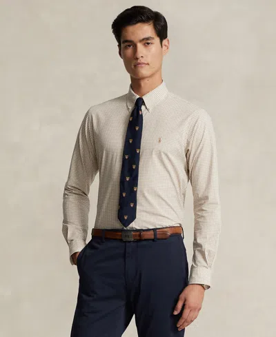 Shop Polo Ralph Lauren Men's Slim-fit Gingham Stretch Poplin Shirt In Vintage Khaki,white