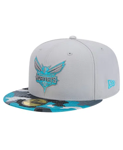New Era Gray Charlotte Hornets Active Color Camo Visor 59fifty Fitted Hat In Gray