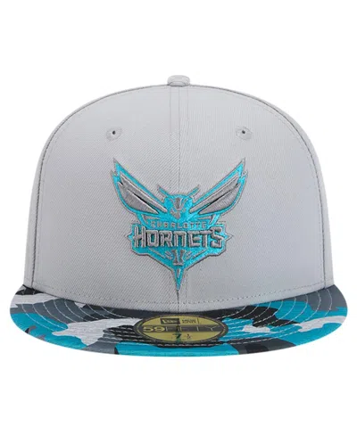 New Era Gray Charlotte Hornets Active Color Camo Visor 59fifty Fitted Hat In Gray
