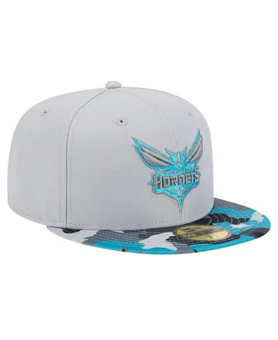 New Era Gray Charlotte Hornets Active Color Camo Visor 59fifty Fitted Hat In Gray