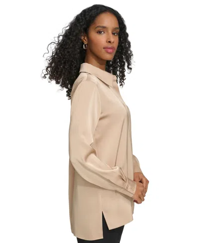 Shop Calvin Klein Women's Long Sleeve High-low Collared Shirt In Nomad