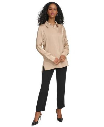 Shop Calvin Klein Women's Long Sleeve High-low Collared Shirt In Nomad