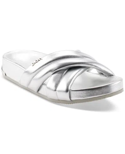 Shop Dkny Women's Indra Criss Cross Strap Foot Bed Slide Sandals, Created For Macy's In Silver