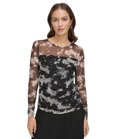 Shop Dkny Women's Printed Mesh Ruched Long-sleeve Top In Black,pearl Ivory