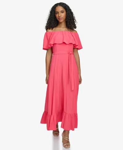 Shop Calvin Klein Women's Off-the-shoulder Flounce Maxi Dress In Watermelon