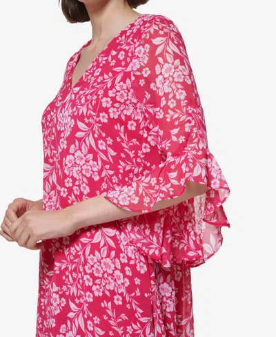Shop Calvin Klein Women's Floral-print Chiffon 3/4-sleeve Dress In Hibiscus White