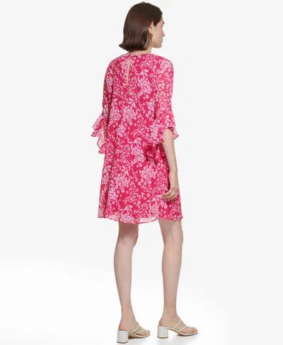 Shop Calvin Klein Women's Floral-print Chiffon 3/4-sleeve Dress In Hibiscus White