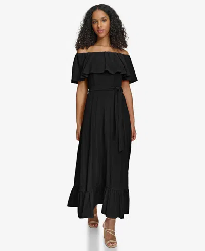 Shop Calvin Klein Women's Off-the-shoulder Flounce Maxi Dress In Black