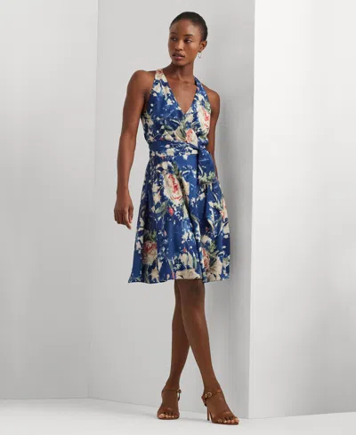 Shop Lauren Ralph Lauren Women's Floral Belted Crepe Sleeveless Dress In Blue Multi