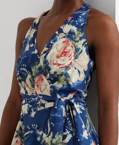Shop Lauren Ralph Lauren Women's Floral Belted Crepe Sleeveless Dress In Blue Multi