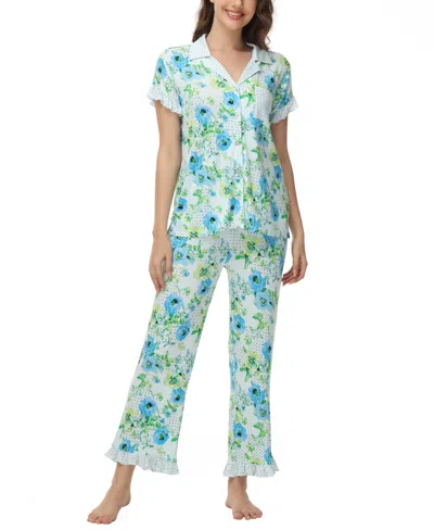 Shop C. Wonder Women's Printed Notch Collar Short Sleeve With Ruffle And Pants 2 Pc. Pajama Set In Floral